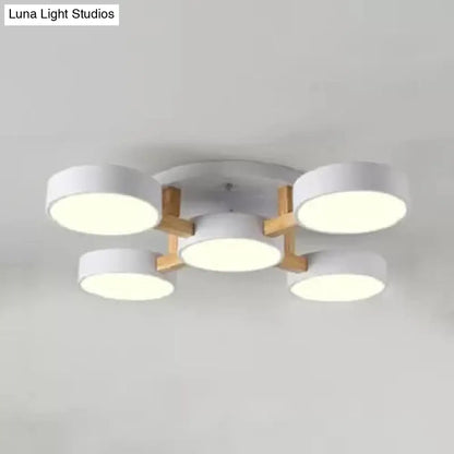 DecorBites™ DecorBites™ Wood and Metal Drum Ceiling Light - 5 Head Macaron Design for Living Room - Semi Flush Mount Loft Lighting