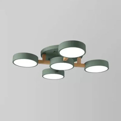 DecorBites™ DecorBites™ Wood and Metal Drum Ceiling Light - 5 Head Macaron Design for Living Room - Semi Flush Mount Loft Lighting