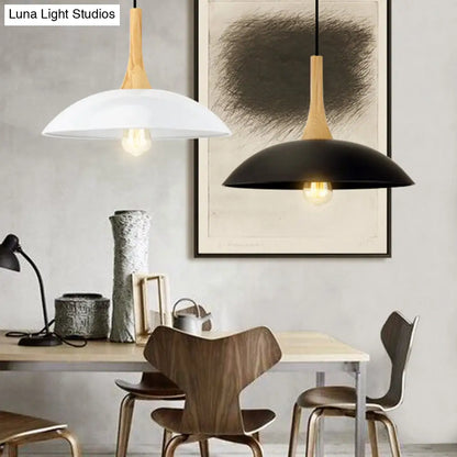 Wood and Metal Modernist Ceiling Pendant Light - Black/White, 12.5"/16" W, 1 Head for Table