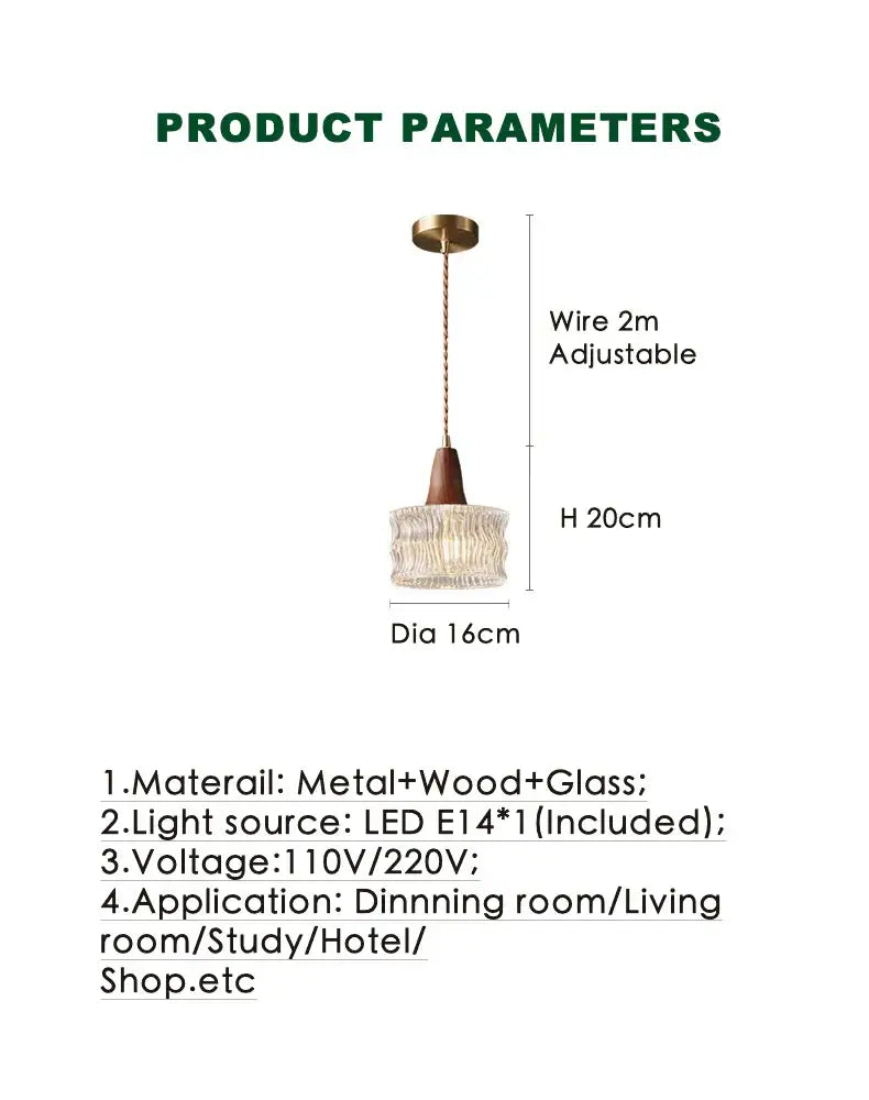 Wood and textured glass pendant light with brass top and wooden accent compatible with led bulb for dining room use