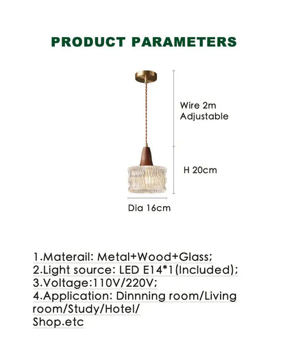 Wood and textured glass pendant light with brass top and wooden accent compatible with led bulb for dining room use