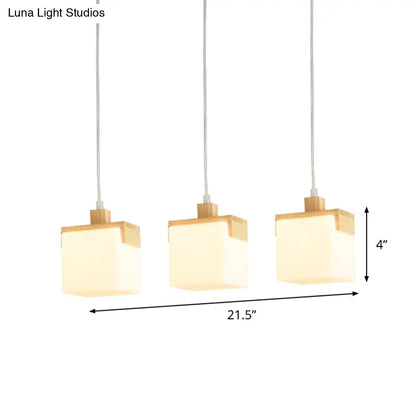 Wood Cube LED Pendant Light with Modernist Design, 3 Heads, White Glass Shade