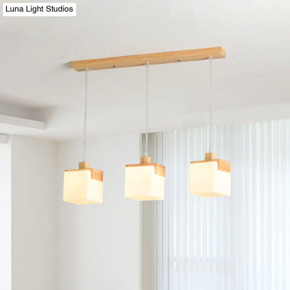 Wood Cube LED Pendant Light with Modernist Design, 3 Heads, White Glass Shade