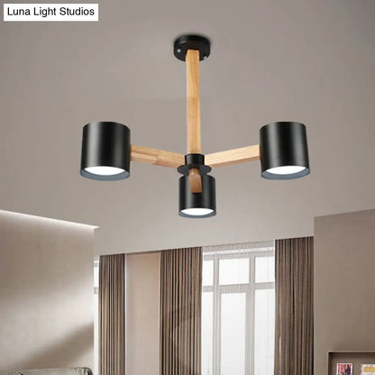 Wood & Iron Nordic Pendant Light with Drum Shade for Study Room in Black/White