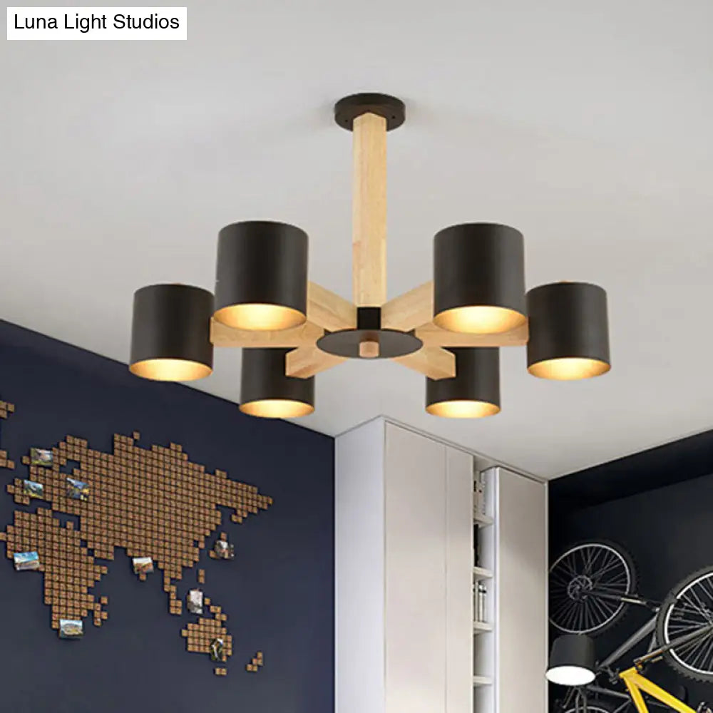 Wood & Iron Nordic Pendant Light with Drum Shade for Study Room in Black/White