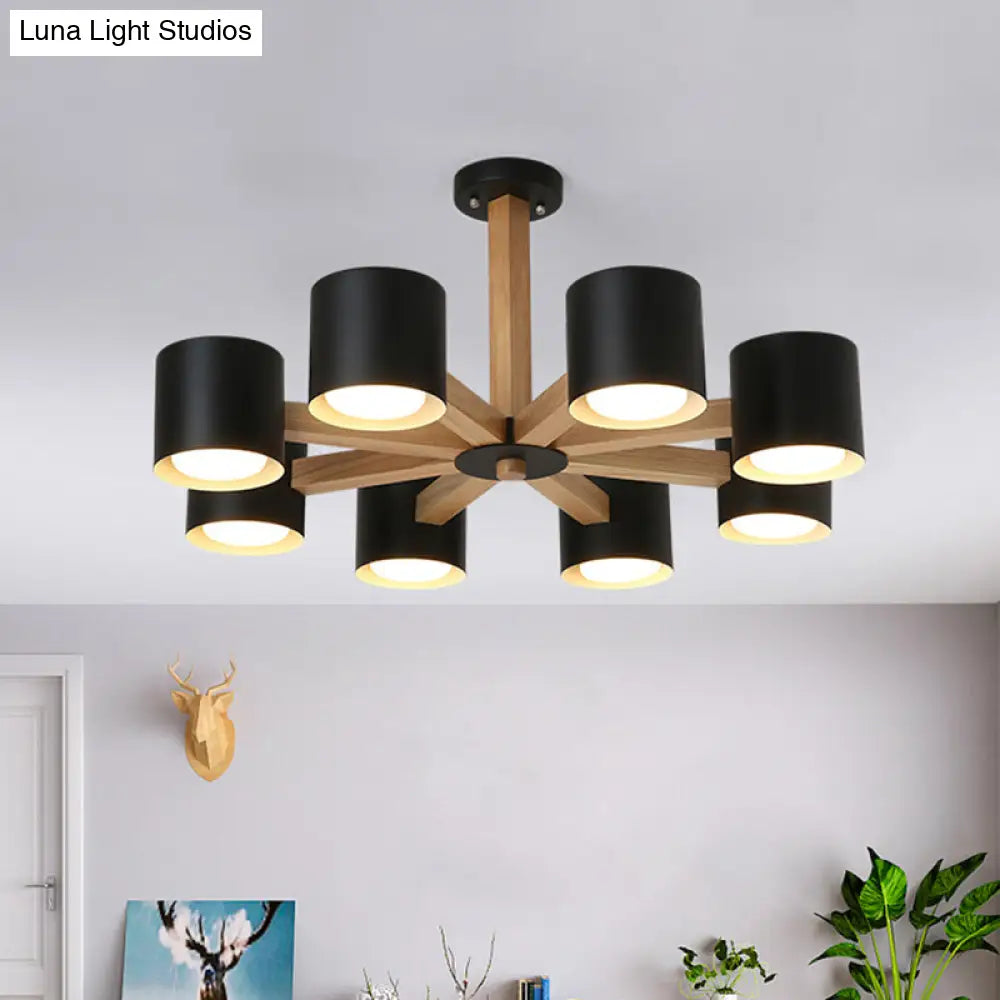 Wood & Iron Nordic Pendant Light with Drum Shade for Study Room in Black/White