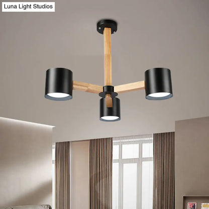 Wood & Iron Nordic Pendant Light with Drum Shade for Study Room in Black/White