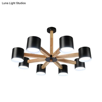 Wood & Iron Nordic Pendant Light with Drum Shade for Study Room in Black/White