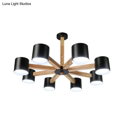 Wood & Iron Nordic Pendant Light with Drum Shade for Study Room in Black/White