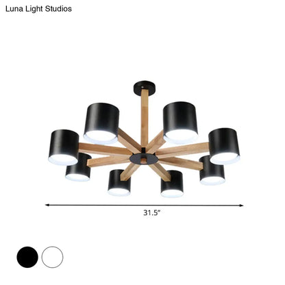Wood & Iron Nordic Pendant Light with Drum Shade for Study Room in Black/White