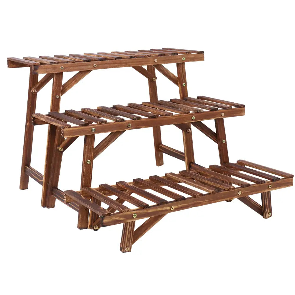 Decorbites™ 3 tier brown wood plant stand with slatted shelves and angled legs ladder shelf for home decor