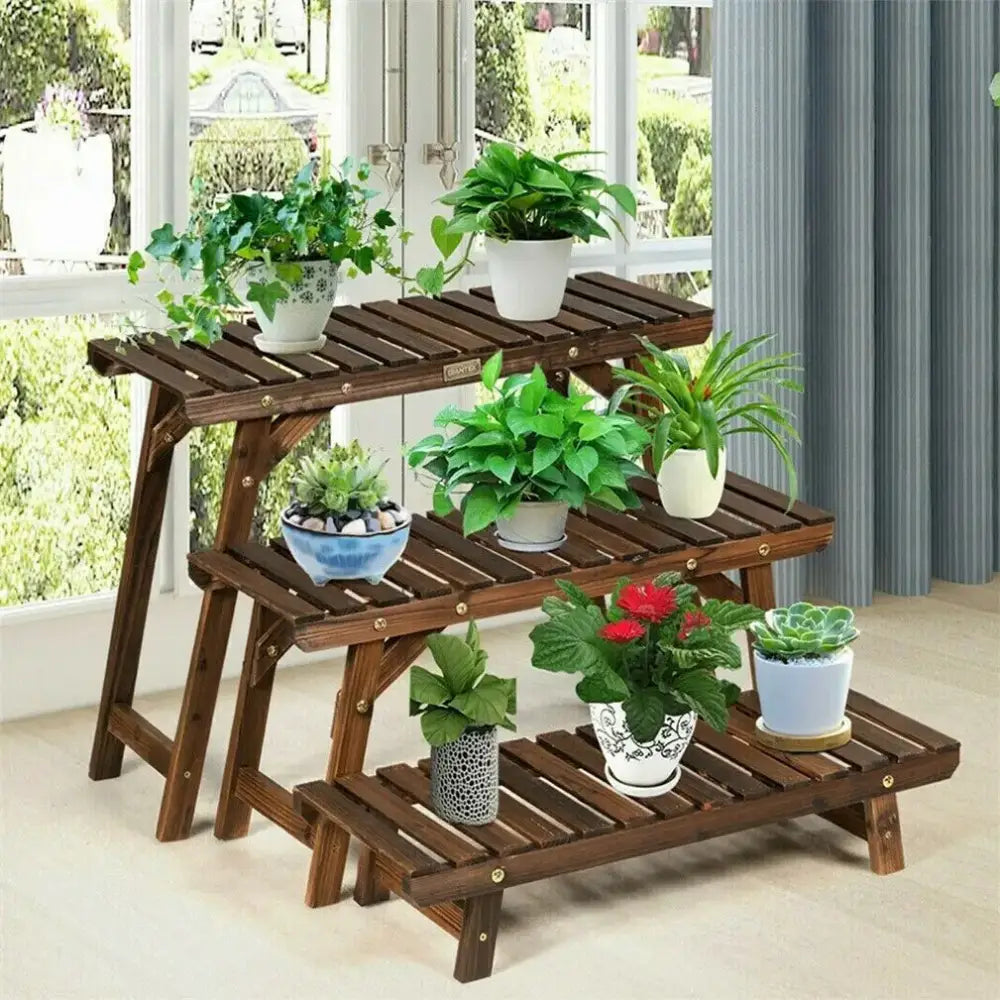 Decorbites 3 tier wood ladder plant stand with brown slatted shelves and gold-toned hardware for indoor plants