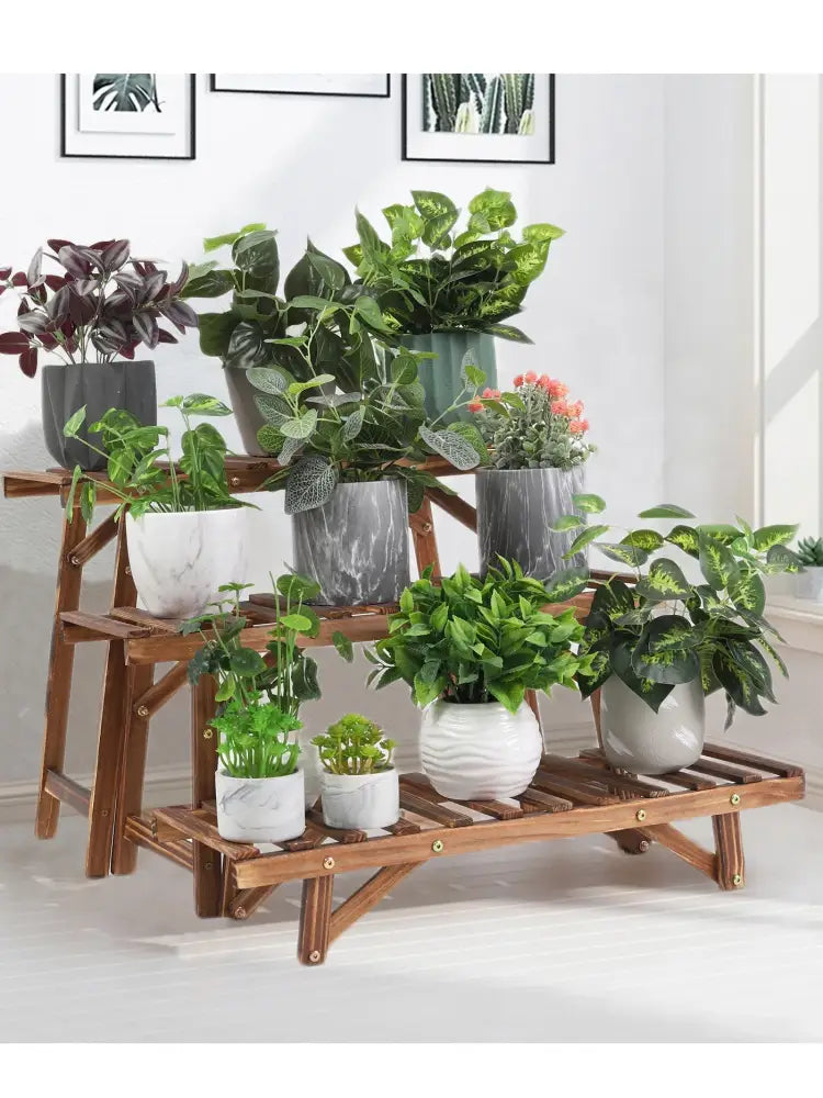 DecorBites™ 3 tier wood ladder plant stand with wooden slatted shelves and gold-toned hardware for plants