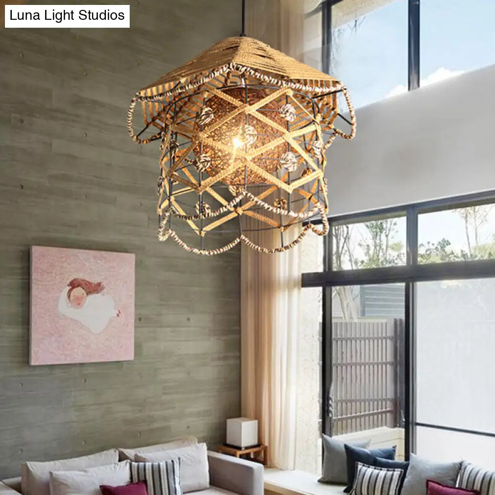 Wood Pendant Ceiling Light with Asian-Inspired Bamboo Shade