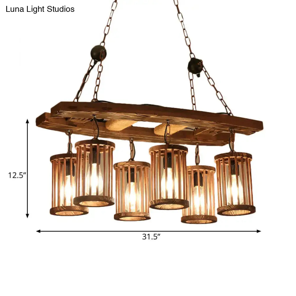 DecorBites™ 6-light wood pendant chandelier with five bamboo shades and weathered wood top for hanging island light