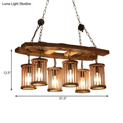 DecorBites™ 6-light wood pendant chandelier with five bamboo shades and weathered wood top for hanging island light