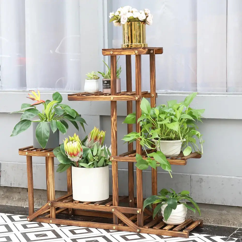 Decorbites™ 6-tier wood plant stand shelf with natural brown finish and gold metal accents for indoor outdoor use