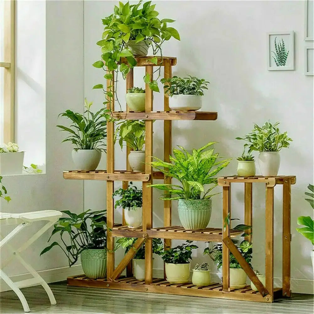 Decorbites™ 6-tier wood plant stand shelf with slatted natural finish holding potted green plants for indoor outdoor use