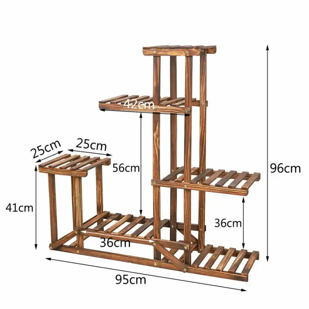 DecorBites™ 6-tier wood plant stand shelf with slatted shelves and warm brown finish for indoor and outdoor use