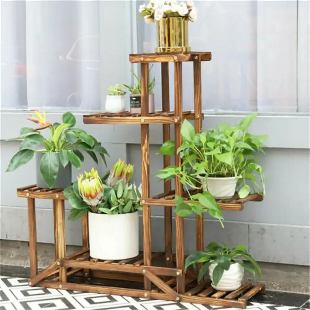 DecorBites™ 6-tier wood plant stand shelf with warm brown finish and slatted shelves holding white ceramic pots