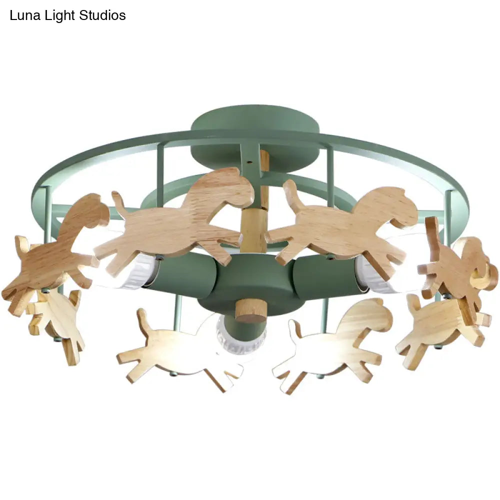 DecorBites™ DecorBites™ Wooden 3-Head Kids Semi Flush Mount Merry-Go-Round Kindergarten Ceiling Lamp