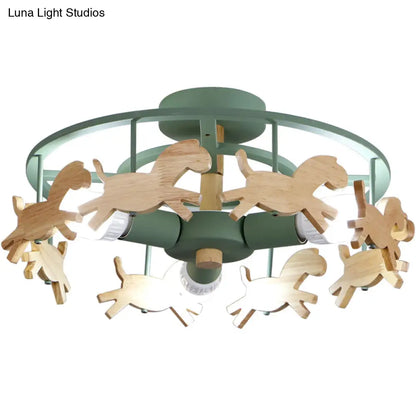DecorBites™ DecorBites™ Wooden 3-Head Kids Semi Flush Mount Merry-Go-Round Kindergarten Ceiling Lamp