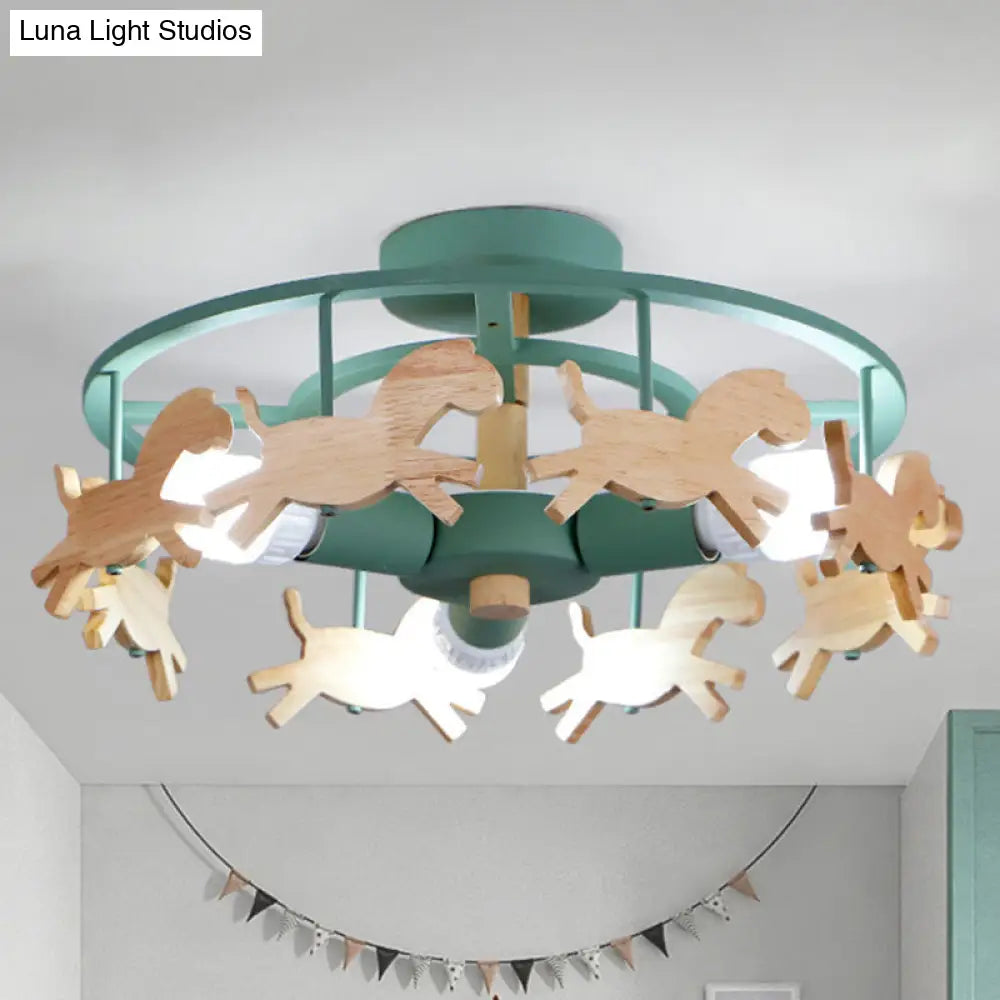 DecorBites™ DecorBites™ Wooden 3-Head Kids Semi Flush Mount Merry-Go-Round Kindergarten Ceiling Lamp