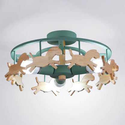 DecorBites™ DecorBites™ Wooden 3-Head Kids Semi Flush Mount Merry-Go-Round Kindergarten Ceiling Lamp