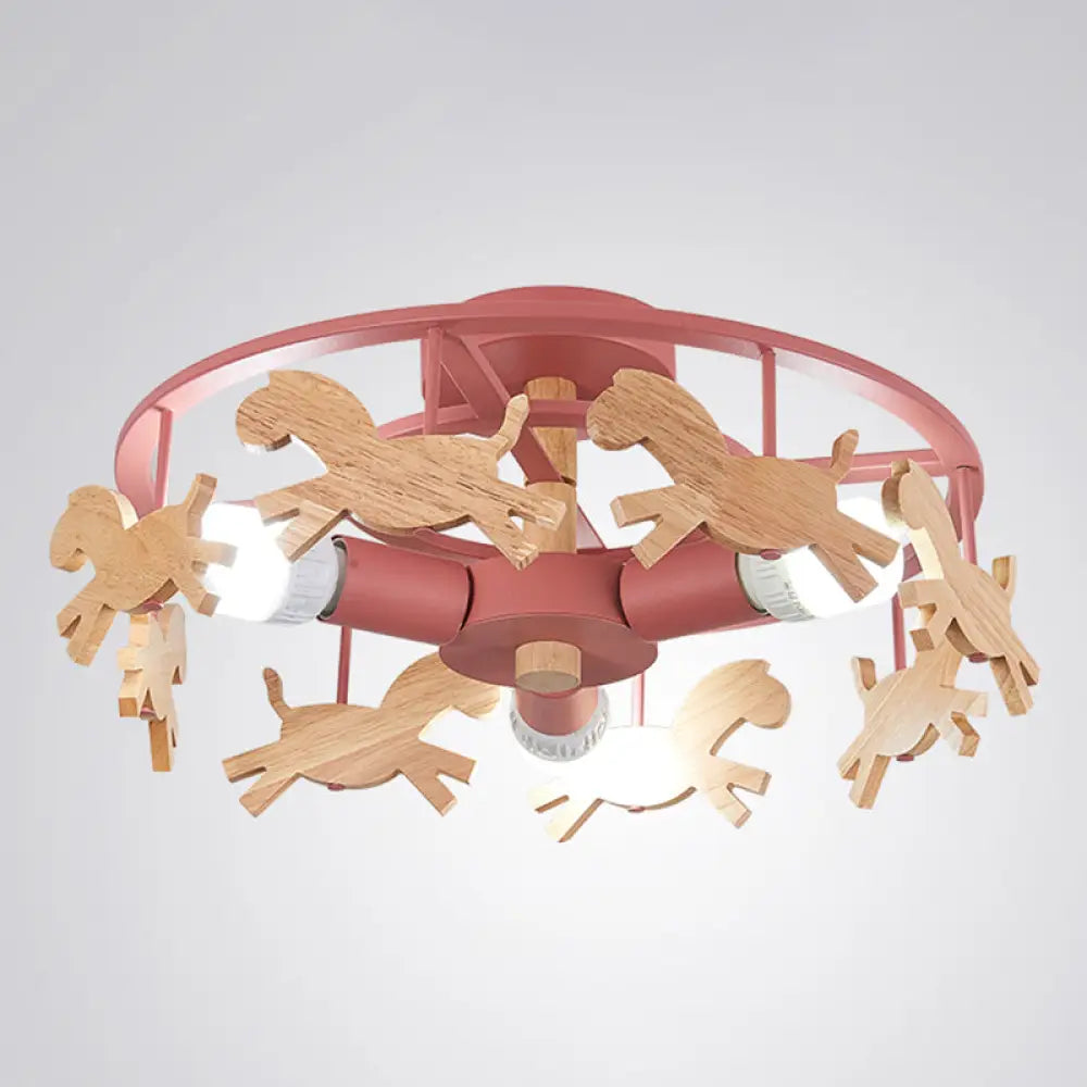 DecorBites™ DecorBites™ Wooden 3-Head Kids Semi Flush Mount Merry-Go-Round Kindergarten Ceiling Lamp