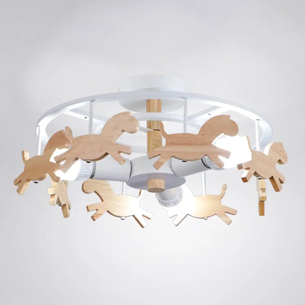 DecorBites™ DecorBites™ Wooden 3-Head Kids Semi Flush Mount Merry-Go-Round Kindergarten Ceiling Lamp