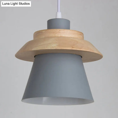 Wooden Asian Style Hanging Pendant Light for Stairways - Coolie Shade with Metal Accents