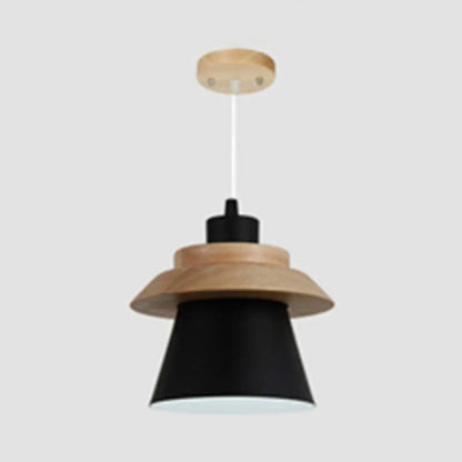 Wooden Asian Style Hanging Pendant Light for Stairways - Coolie Shade with Metal Accents