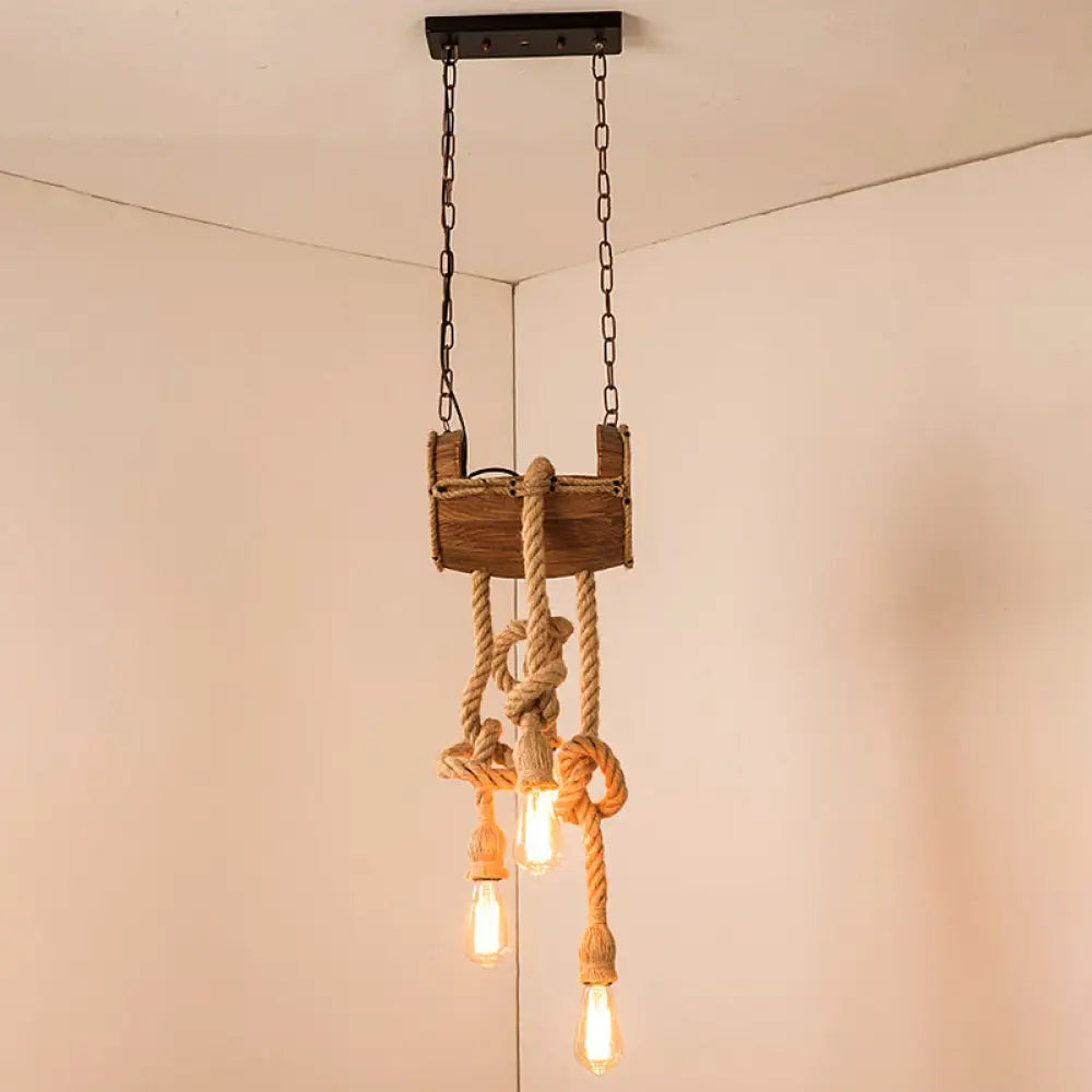 Wooden Beige Chandelier with Rope Cord for Restaurant Décor