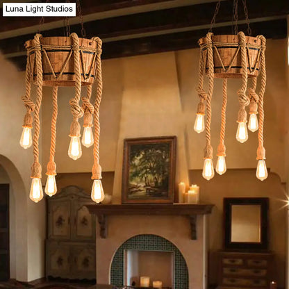 Wooden Beige Chandelier with Rope Cord for Restaurant Décor