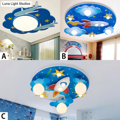 DecorBites™ DecorBites™ Wooden Blue Kids Spaceship Ceiling Lamp for Kindergarten
