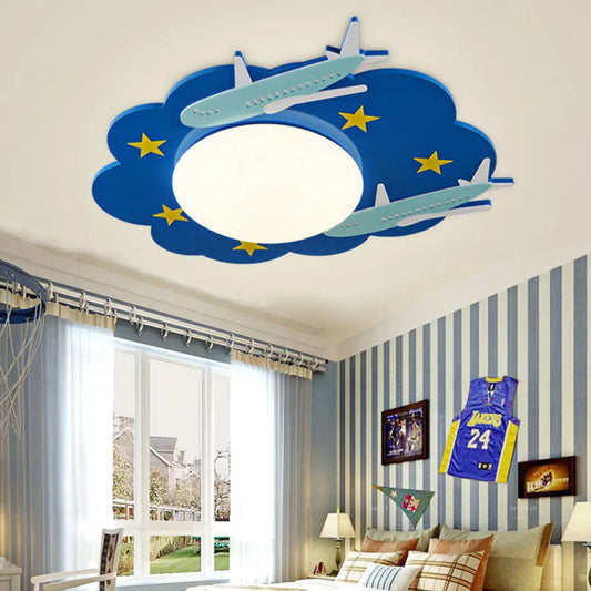 DecorBites™ DecorBites™ Wooden Blue Kids Spaceship Ceiling Lamp for Kindergarten
