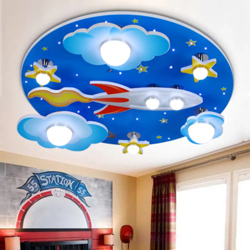 DecorBites™ DecorBites™ Wooden Blue Kids Spaceship Ceiling Lamp for Kindergarten