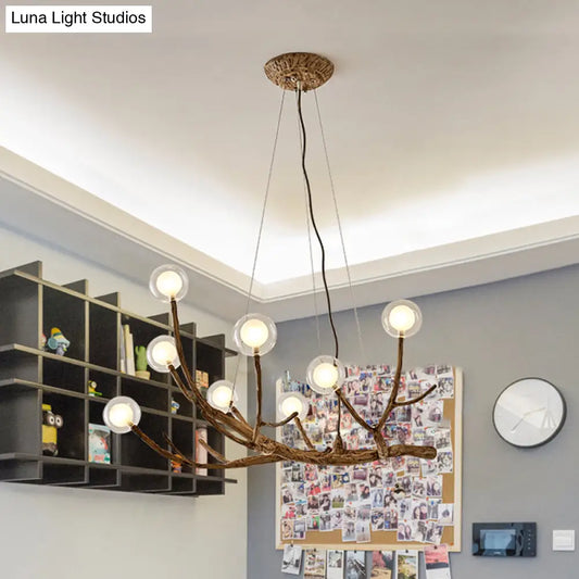 Lámpara de techo estilo cabaña con ramas de madera y pantalla de bola de cristal - Luz cálida/blanca, 8/12/16 luces