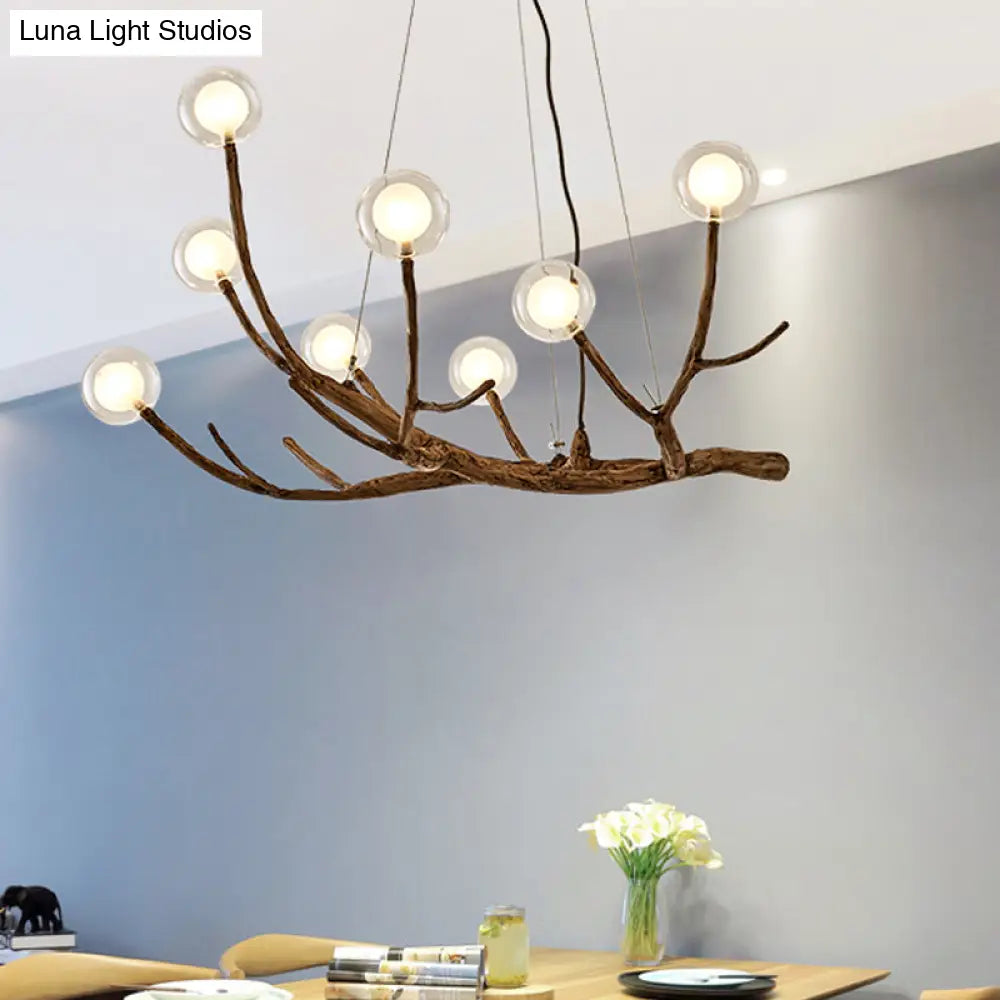 Lámpara de techo estilo cabaña con ramas de madera y pantalla de bola de cristal - Luz cálida/blanca, 8/12/16 luces