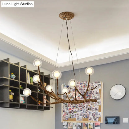 Lámpara de techo estilo cabaña con ramas de madera y pantalla de bola de cristal - Luz cálida/blanca, 8/12/16 luces