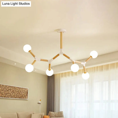 Wooden Branch Chandelier with 6 Lights, Beige Hanging Lamp Kit and Frosted Glass Shade