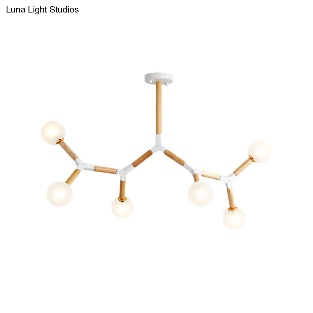 Wooden Branch Chandelier with 6 Lights, Beige Hanging Lamp Kit and Frosted Glass Shade