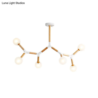 Wooden Branch Chandelier with 6 Lights, Beige Hanging Lamp Kit and Frosted Glass Shade