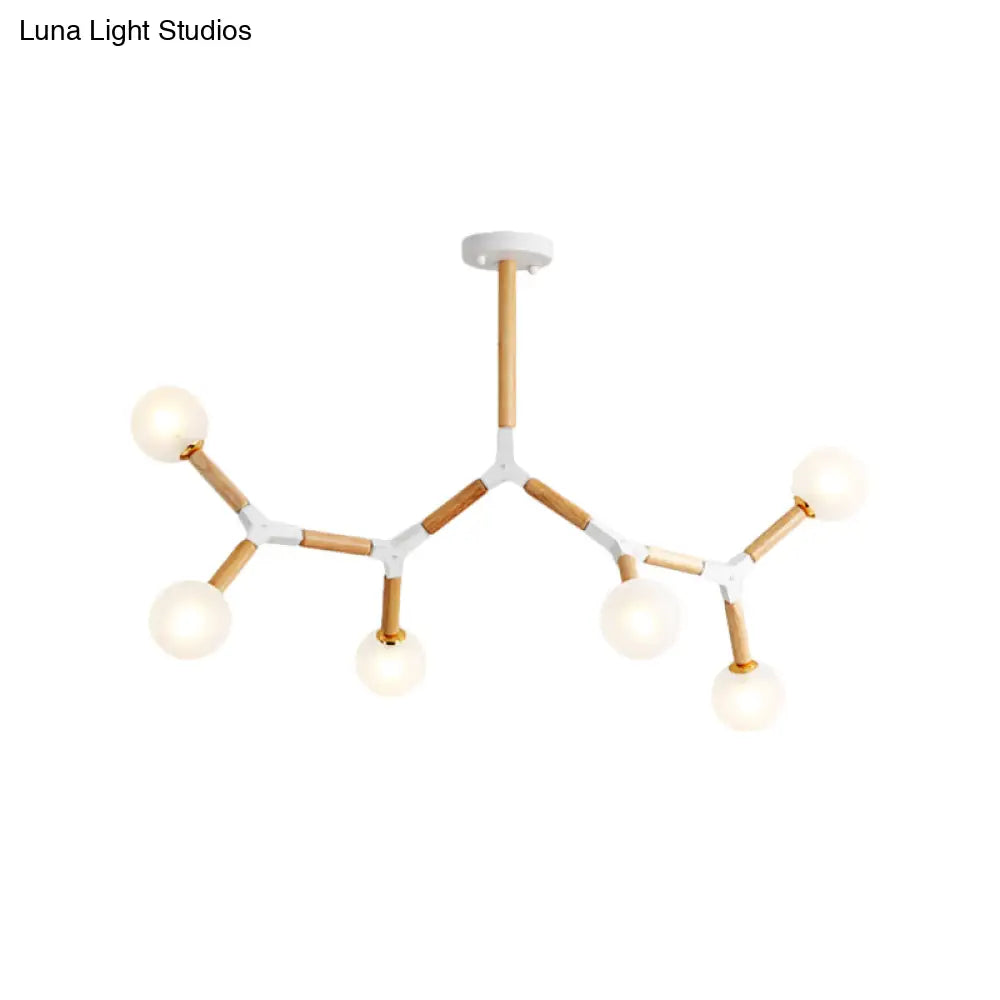 Wooden Branch Chandelier with 6 Lights, Beige Hanging Lamp Kit and Frosted Glass Shade