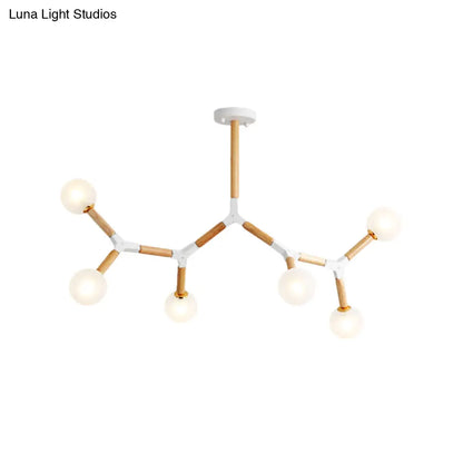Wooden Branch Chandelier with 6 Lights, Beige Hanging Lamp Kit and Frosted Glass Shade