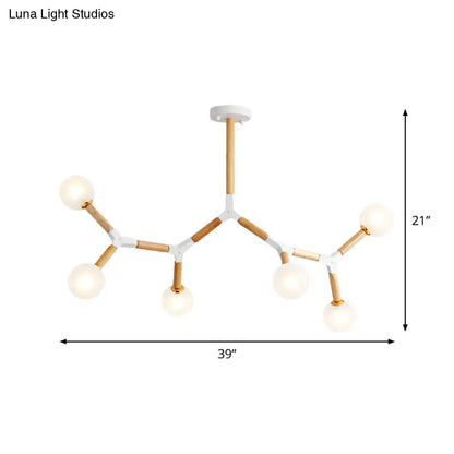 Wooden Branch Chandelier with 6 Lights, Beige Hanging Lamp Kit and Frosted Glass Shade