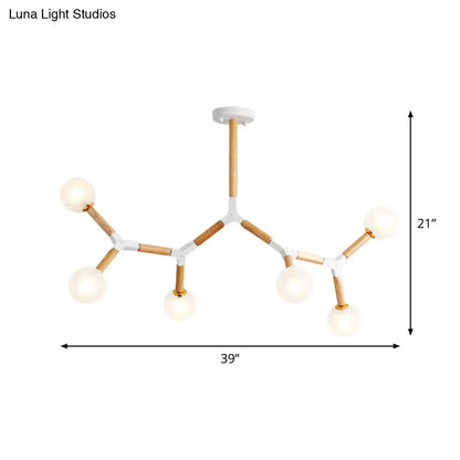 Wooden Branch Chandelier with 6 Lights, Beige Hanging Lamp Kit and Frosted Glass Shade
