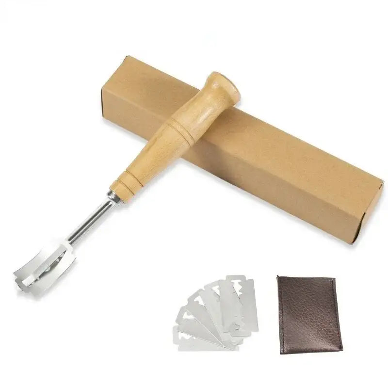 Wooden bread lame cutter with a leather handle, metallic blade, razor blades, and a brown leather cover pouch