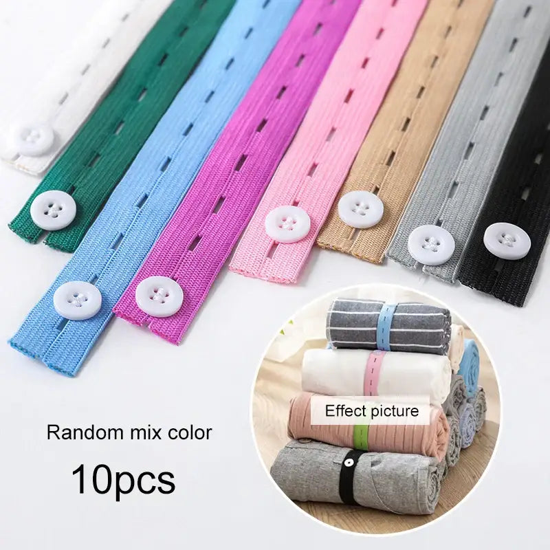 Colorful elastic band clothes folding straps with white button closures for wooden button storage bags