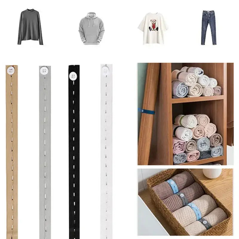 Wooden gray black and white buttoned elastic band clothes folding organizers with holes for storage bags and bedroom use